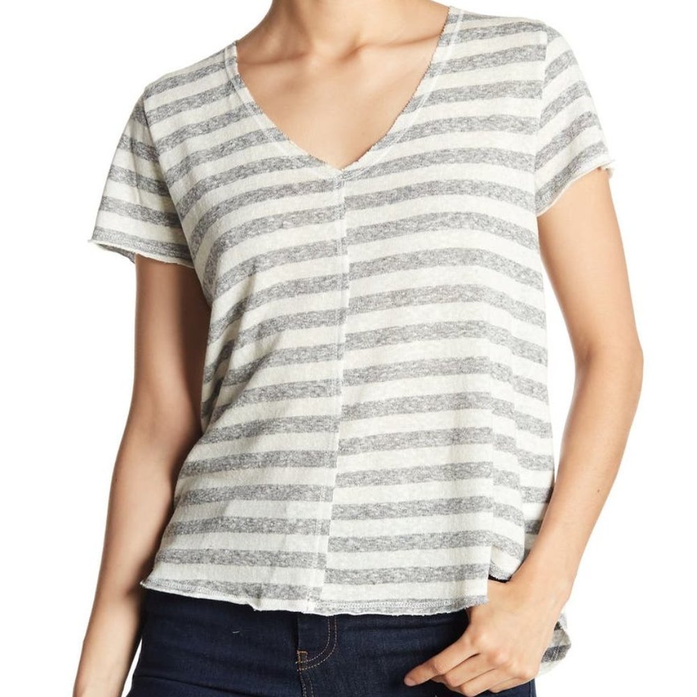 PST Everyday V-Neck T Shirt Gray White Stripe M